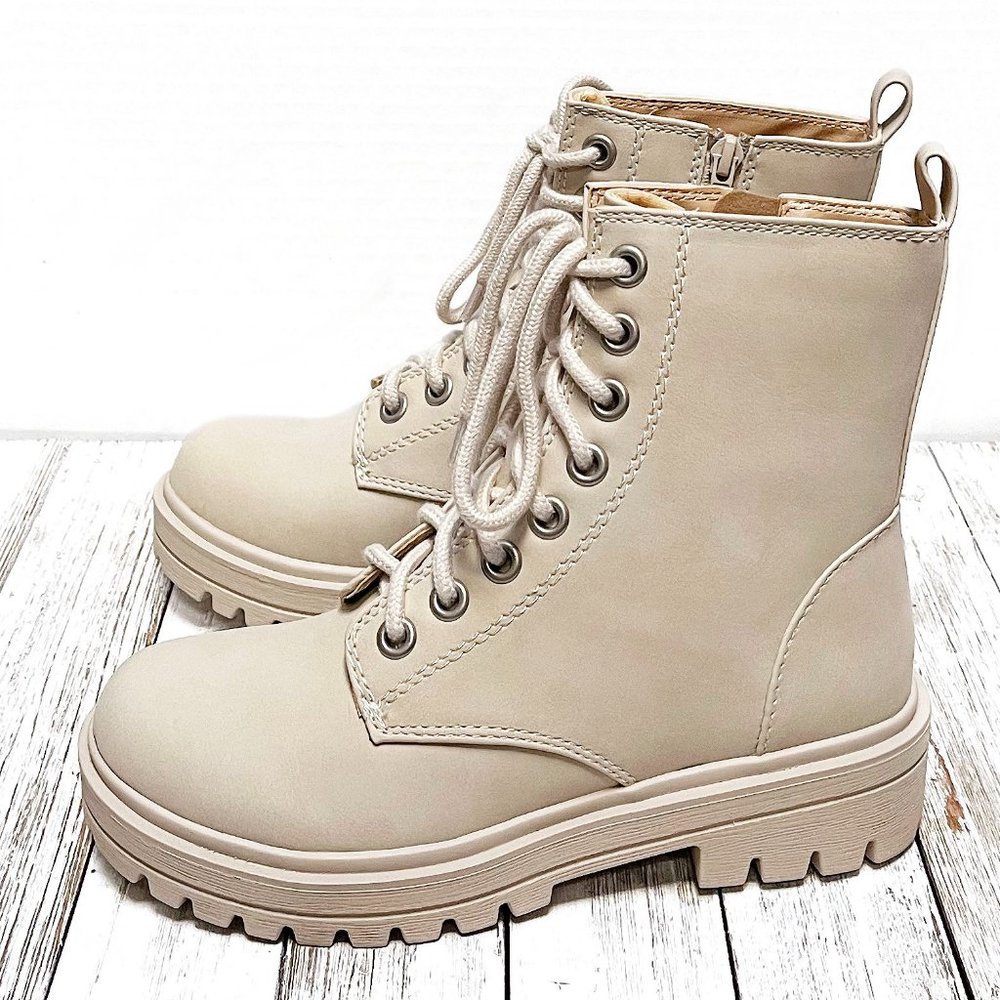 New Beige Round Toe Lace Up Combat Ankle Boots Booties
